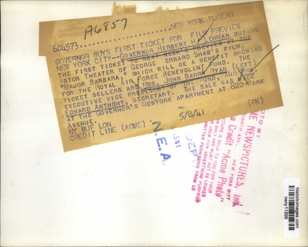 1941 Press Photo New York Gov Herbert Lehman & ticket for Astor Theater in NYC