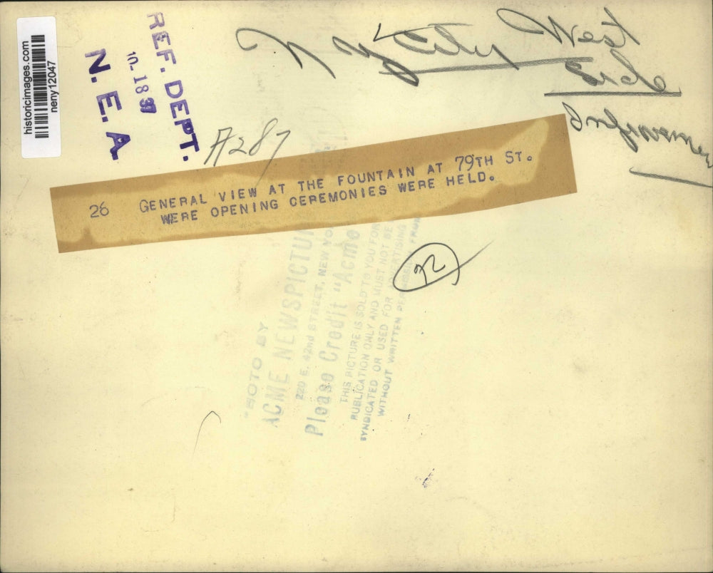 1937 Press Photo New York West Side Fountain at 79th St Opening Ceremony NYC