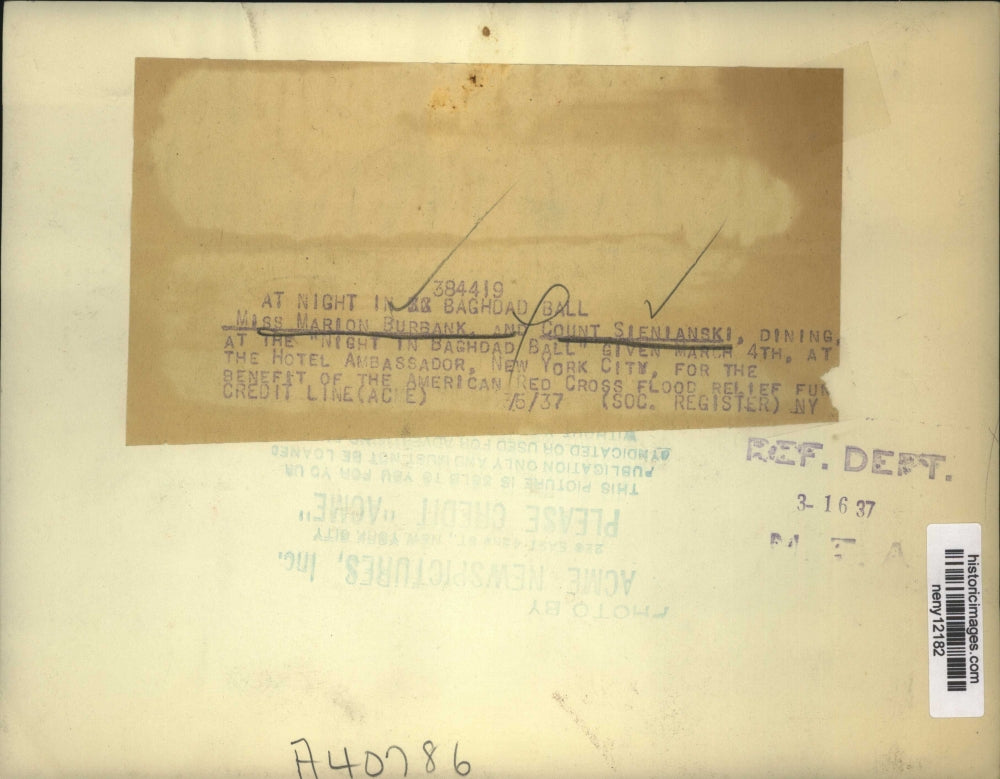 1937 Press Photo New York Ms Marion Burbank & Count Sienianski Dine at Hotel