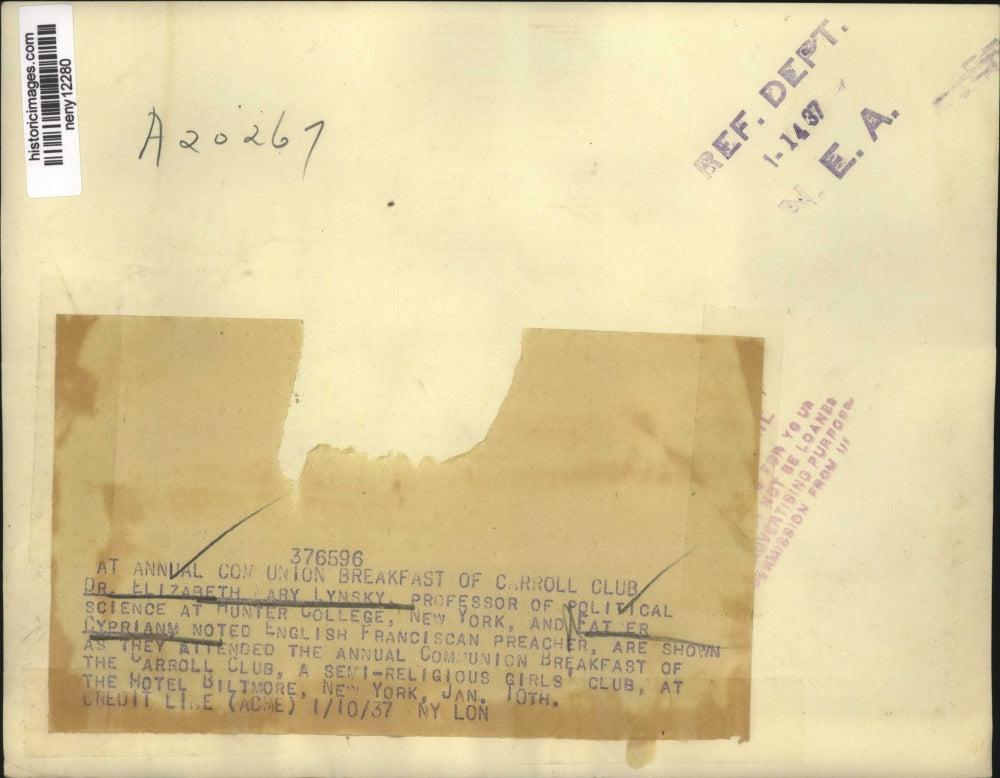 1937 Press Photo New York Dr Elizabeth Lynsky dines with Father Cypriany NYC