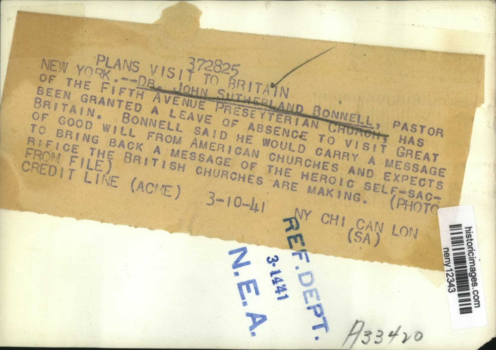 1941 Press Photo New York Dr. John Bonnel, Pastor, plans to visit Britain NYC