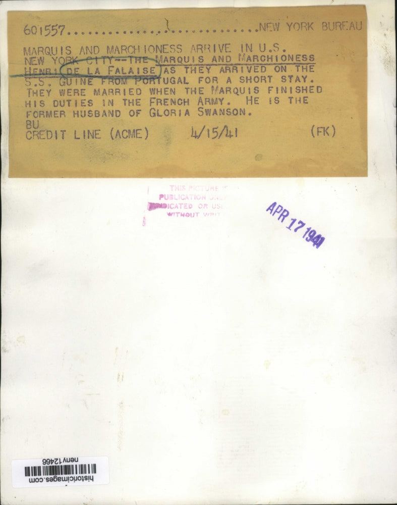 1941 Press Photo New York Marquis and Marchioness arrive in U.S. NYC - neny12466