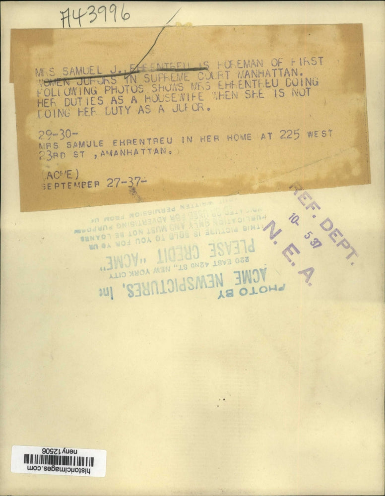 1937 Press Photo New York Ms Samuel Ehrentreu Foreman of First Women Jurors NYC