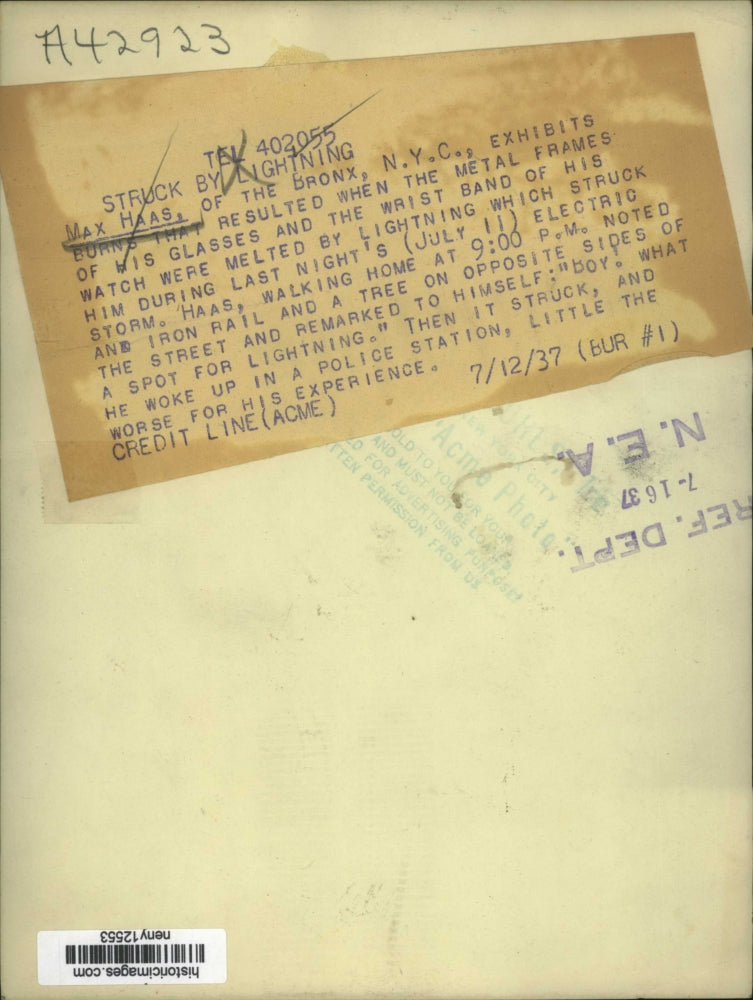 1937 Press Photo New York Max Haas of the Bronx Struck by Lightning NYC