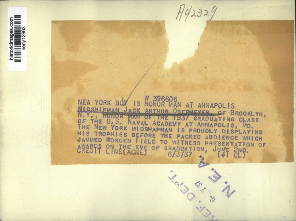 1937 Press Photo New York Midshipman Jack Obermeyer of US Naval Academy NYC