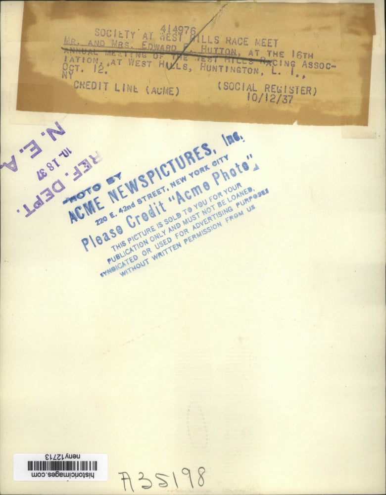 1937 Press Photo New York Mr & Mrs Edward F Hutton Attend West Hills Racing NYC