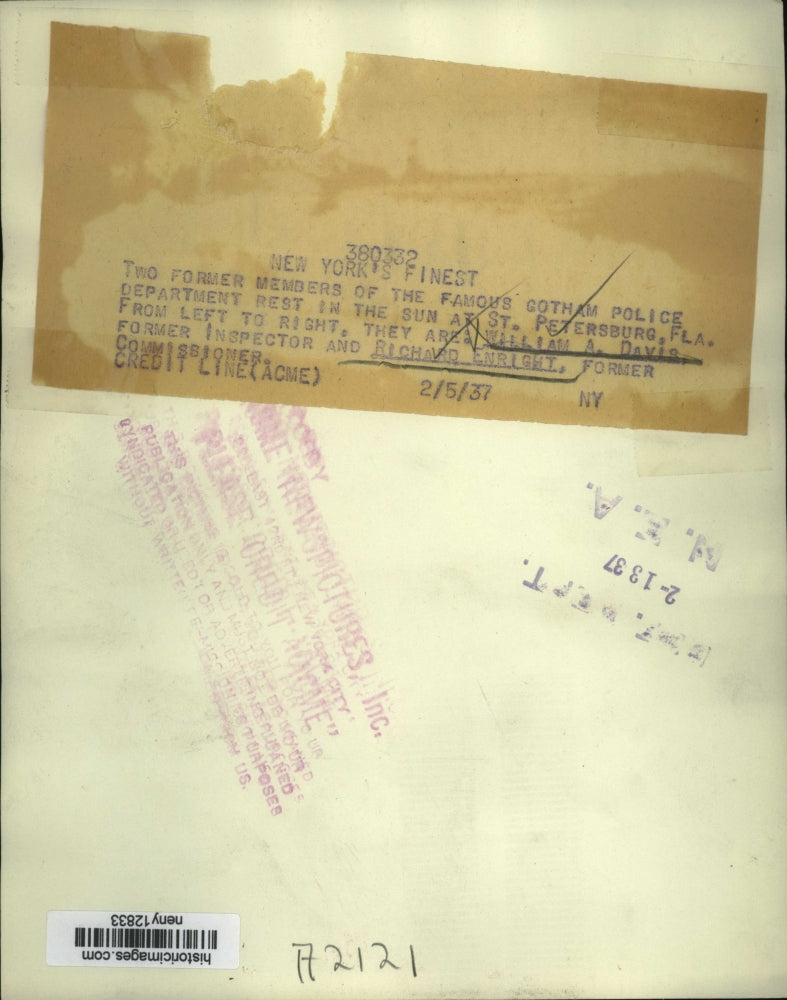 1937 Press Photo New York Former police William A Davis, R Enright NYC