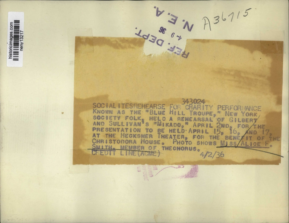 1936 Press Photo New York Socialites Rehearse for Charity Performance NYC