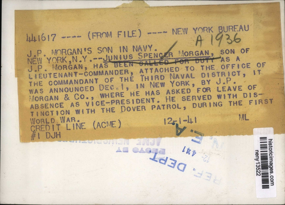 1941 Press Photo New York J.P. Morgan's Son Called for Naval Duty NYC