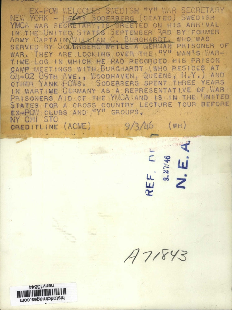 1946 Press Photo New York Ex POW Welcomes Swedish "Y" War Secretary NYC