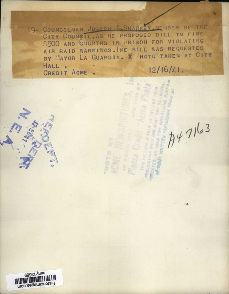 Load image into Gallery viewer, 1941 Press Photo New York Counselman Joseph Sharkey Proposes Air Raid Bill NYC
