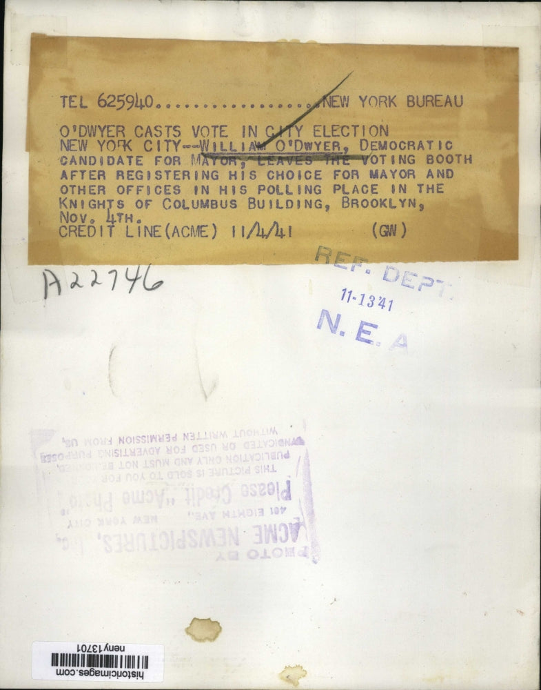 1941 Press Photo New York William O'Dwyer Voting in City Election NYC