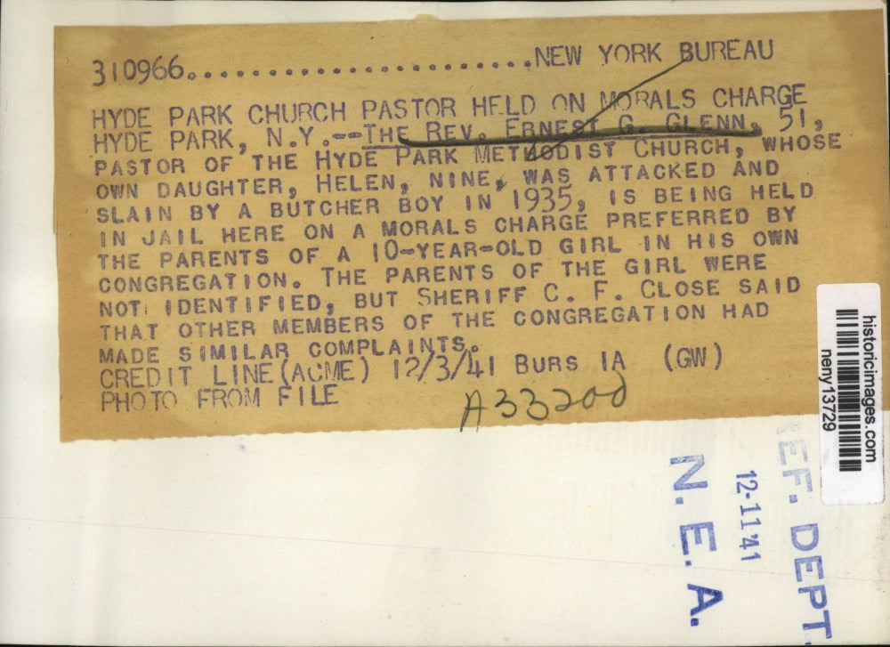 1941 Press Photo New York Rev. Ernest G. Glend held on Morals Charge NYC