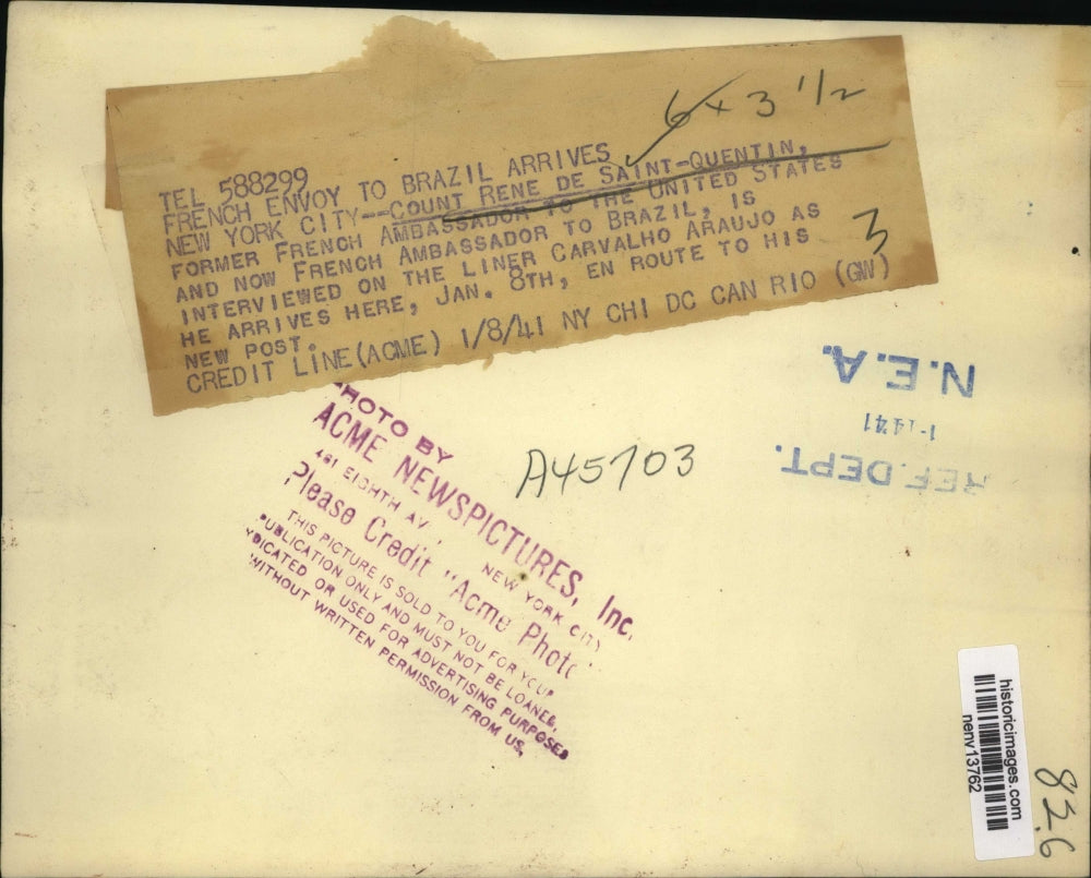 1942 Press Photo New York French Envoy to Brazil Arrives NYC - neny13762