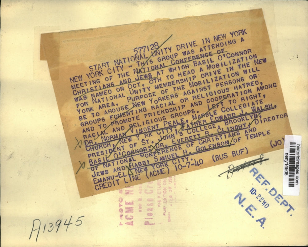 1940 Press Photo New York National Conference of Christian and Jews, Unity NYC