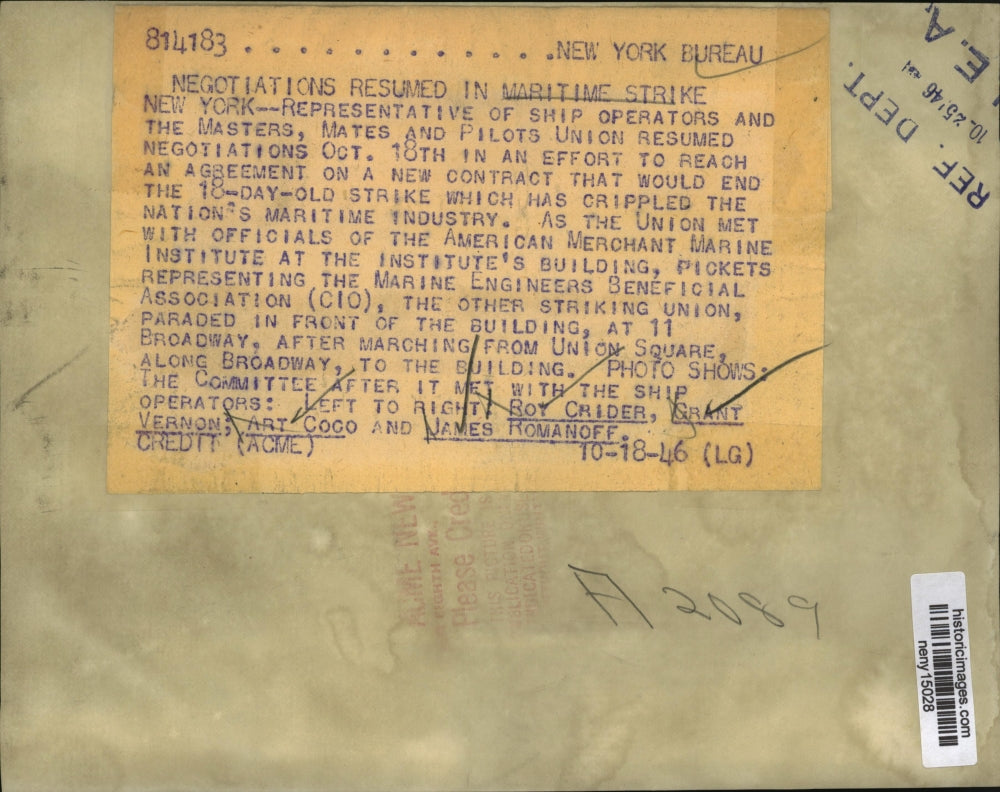 1946 Press Photo New York American Merchant Marine Strike Negotiations NYC