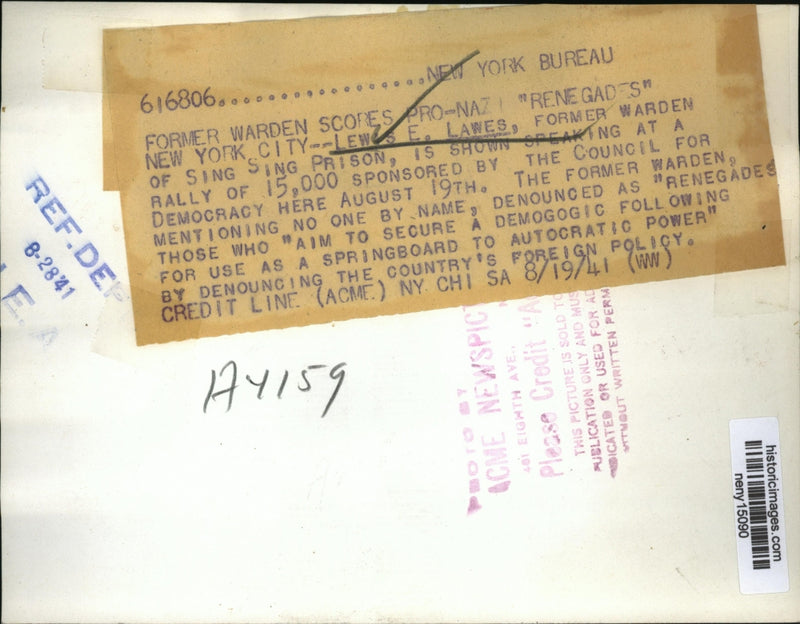 Load image into Gallery viewer, 1941 Press Photo New York Former Warden Scores Pro-Nazi "Renegades" NYC
