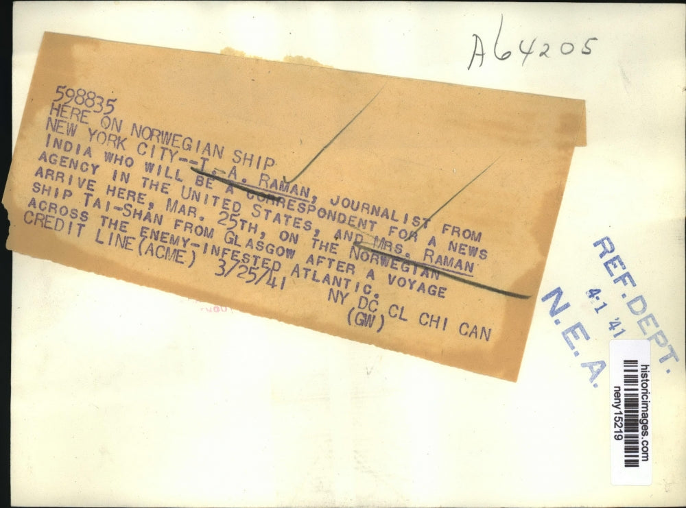 1941 Press Photo New York Indian Journalist TA Raman and his wife NYC