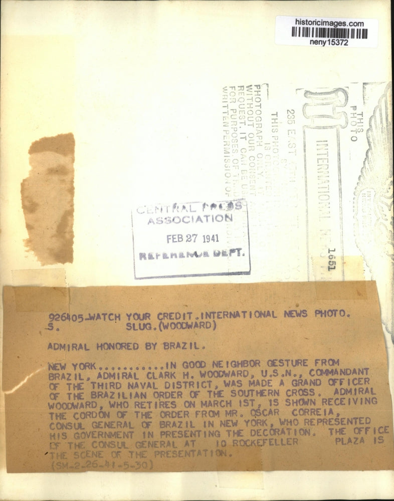 1941 Press Photo New York Admiral Honored by Brazil NYC - neny15372