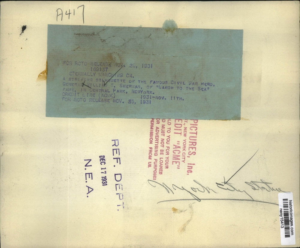 1931 Press Photo New York Gen. William T. Sherman Central Park NYC - neny15413