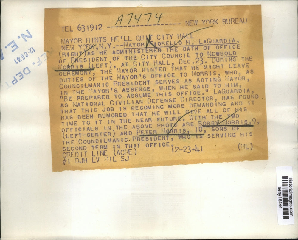 1941 Press Photo New York Mayor LaGuardia Hints He is Leaving City Hall NYC