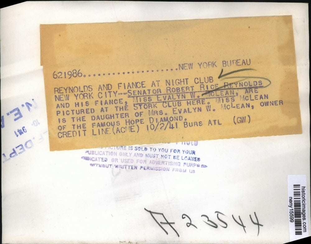 1941 Press Photo New York Reynolds and Fiance at Night Club NYC - neny15599