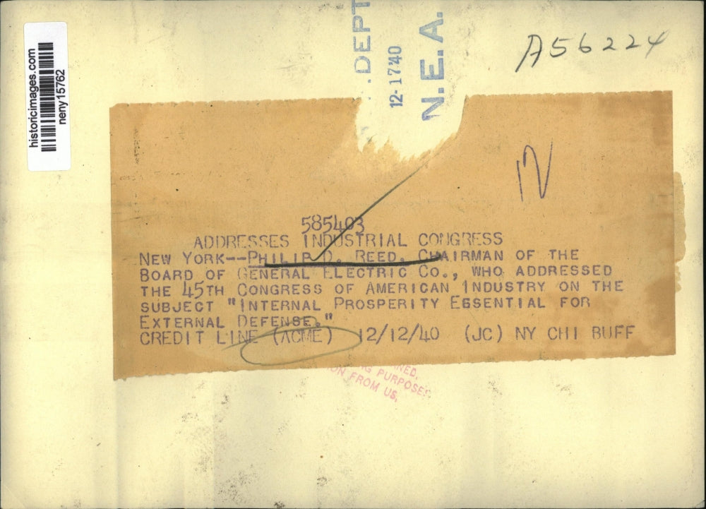 1940 Press Photo New York Philip Reed Addresses 45th Congress of Industry NYC