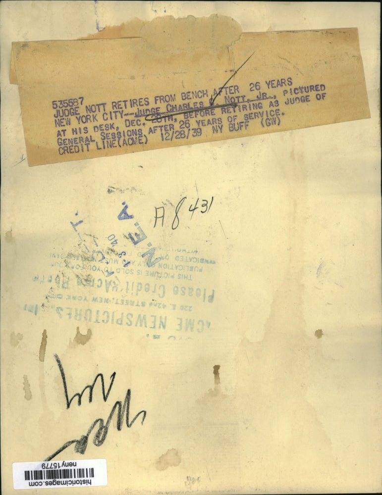 1939 Press Photo New York Judge Charles Nott, Jr. Retires After 22 Years NYC