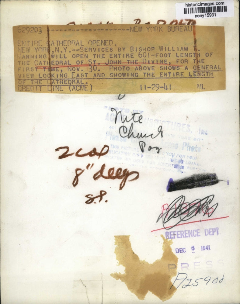 1941 Press Photo New York Interior of Cathedral of St John The Define NYC