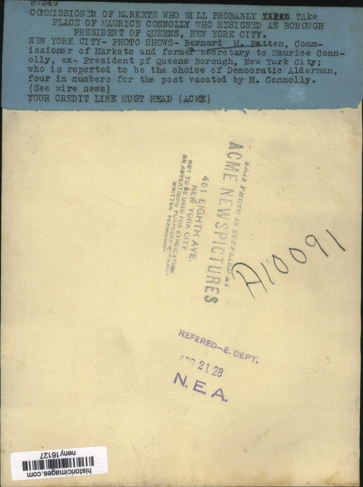 1928 Press Photo New York Bernard M. Patton President of Queens NYC - neny16127