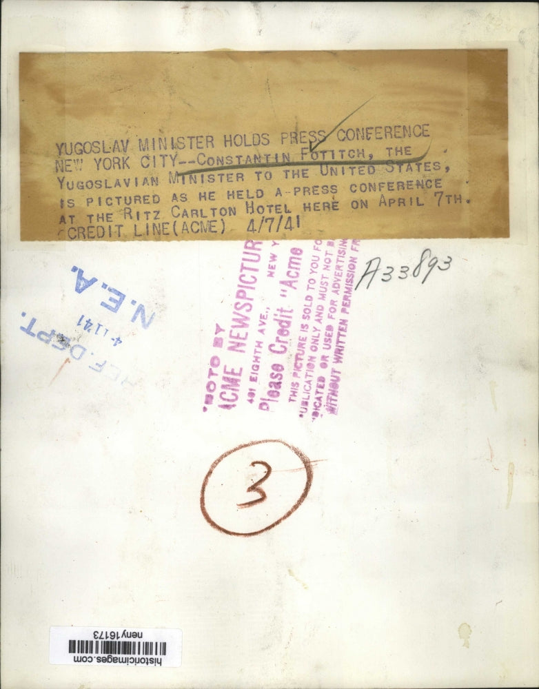 1941 Press Photo New York Constantin Fotitch Yugoslavian Mninister to US NYC