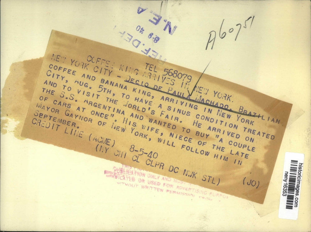 1940 Press Photo New York Coffee King Arrives in New York NYC - neny16353