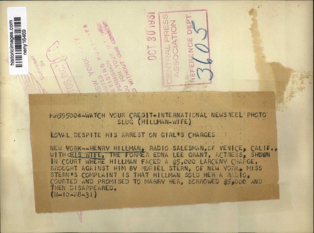 1931 Press Photo New York Henry Hillman with his wife Edna in Court NYC