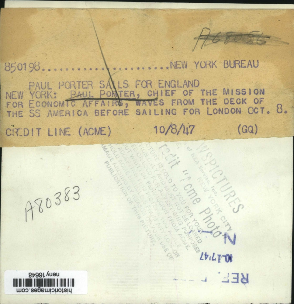 1947 Press Photo New York Paul Porter mission chief for Economic affairs NYC