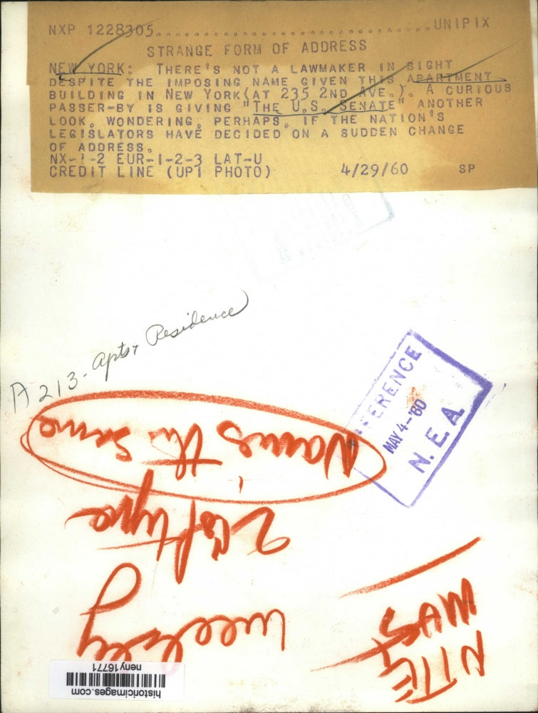 1960 Press Photo New York Strange Form of Address for an Apartments NYC