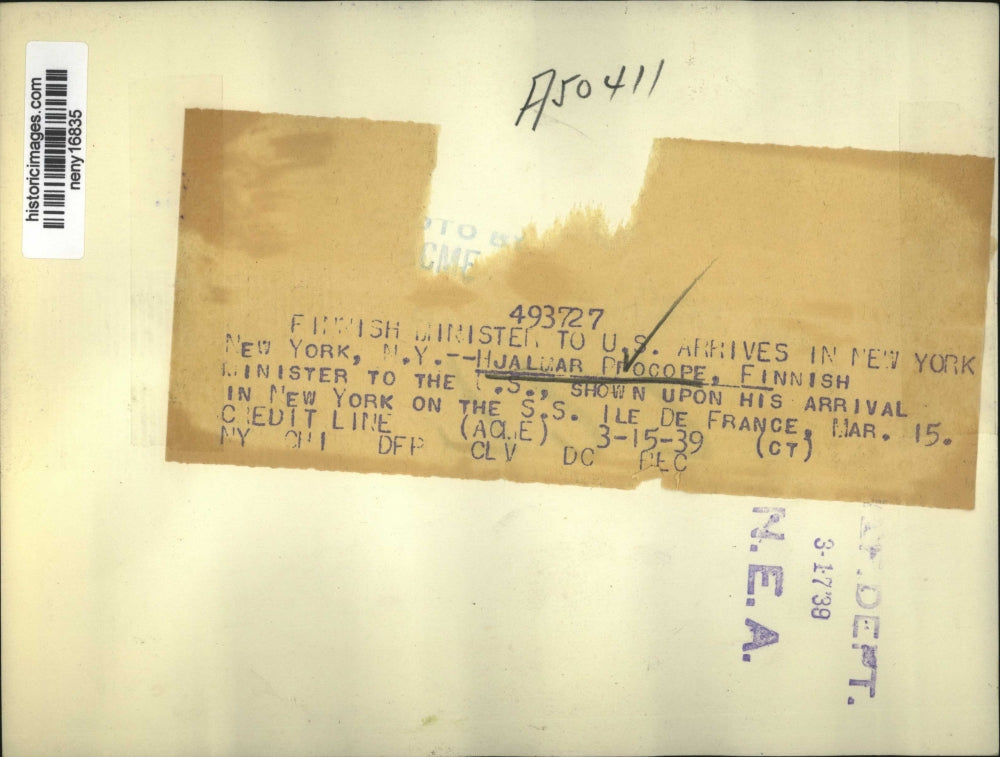 1939 Press Photo New York Hjalmar Procope, Finnish Minister to United States NYC