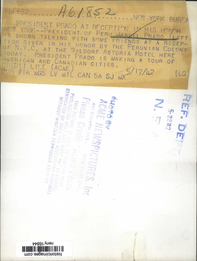1942 Press Photo New York Manuel Prado Pres.of Peru greeted at New York City
