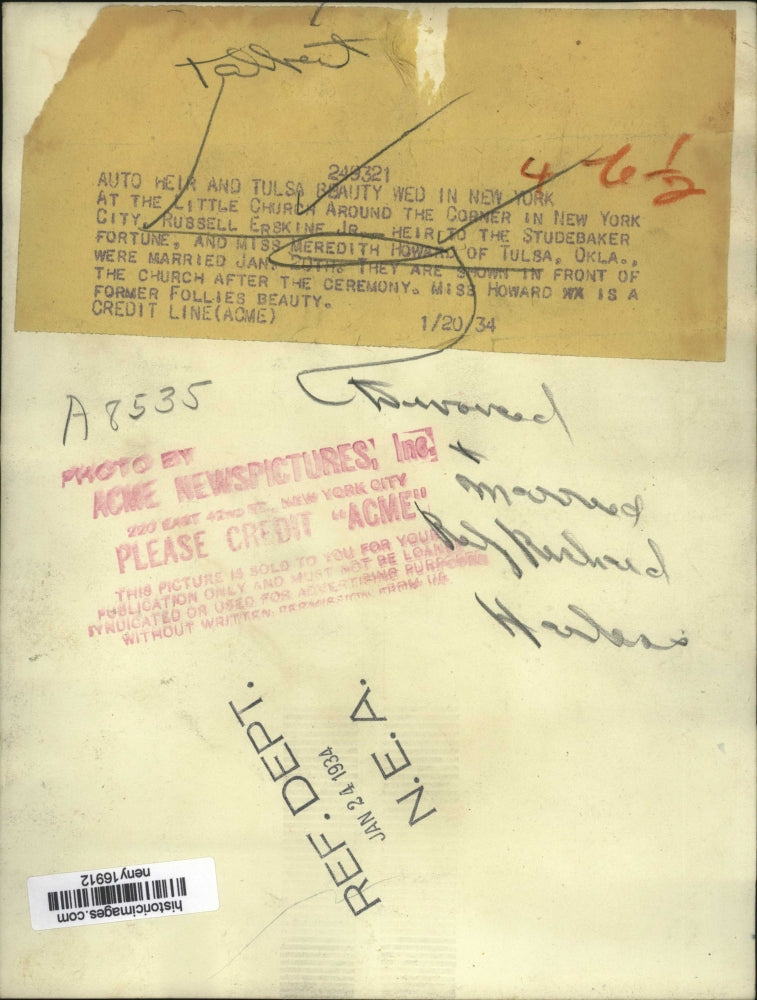 1934 Press Photo New York Russell Erskine Jr & Meredith Howard married NYC