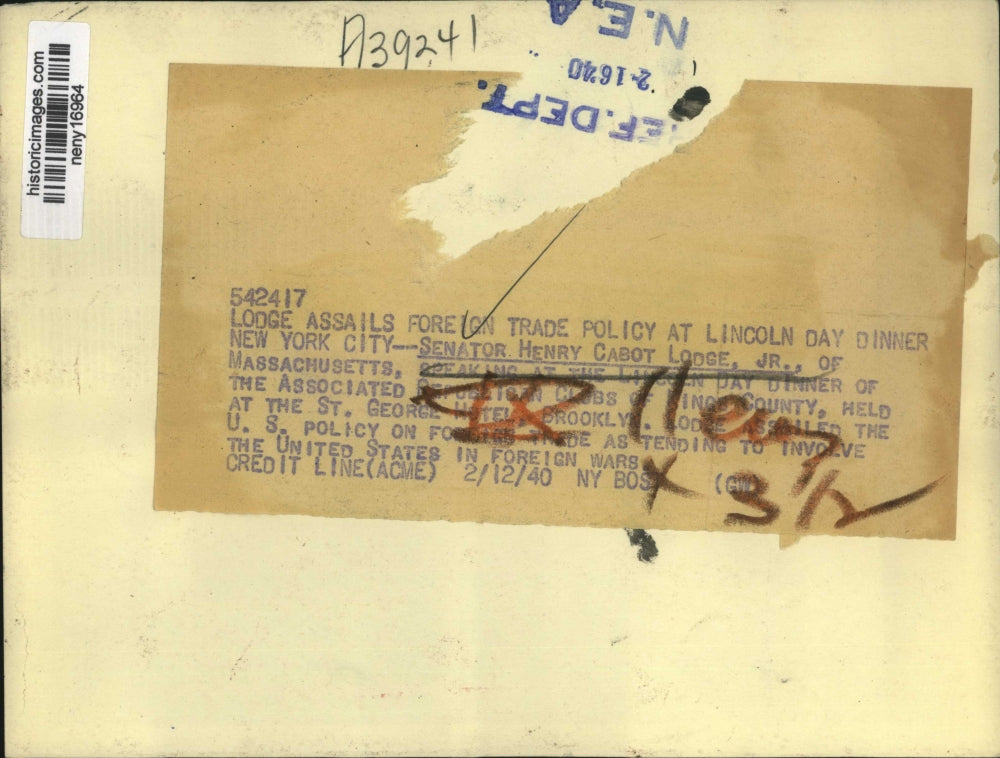1940 Press Photo New York Sen Henry Cabot lodge Jr gives speech NYC - neny16964