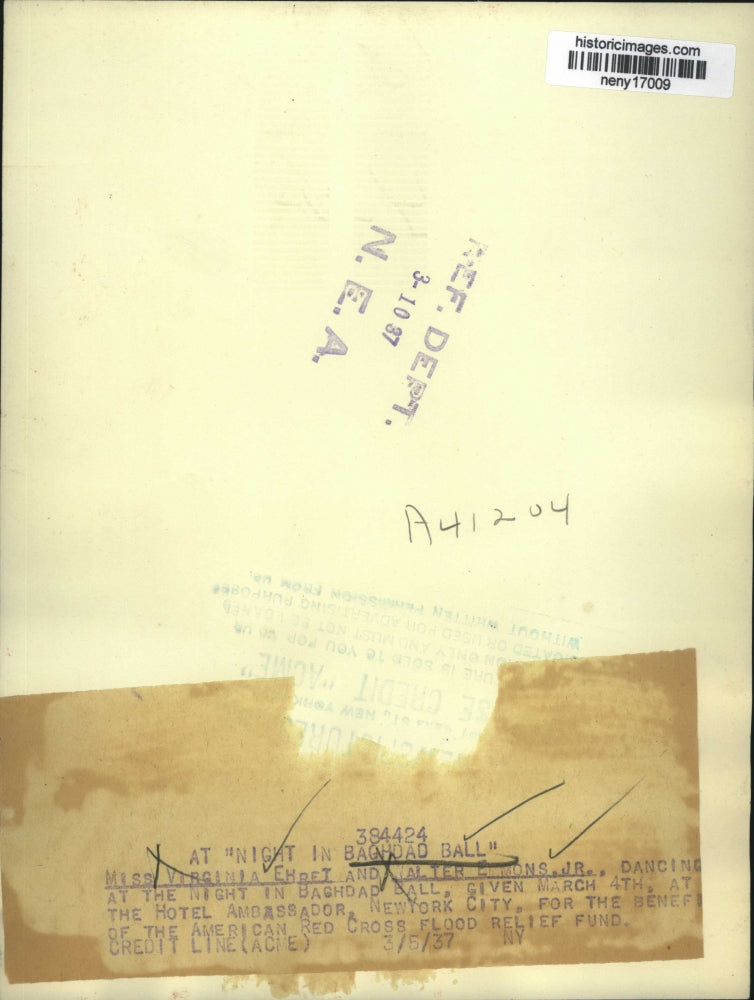 1937 Press Photo New York Virginia Ehret & Walter Emmons Jr at Baghdad Ball NYC