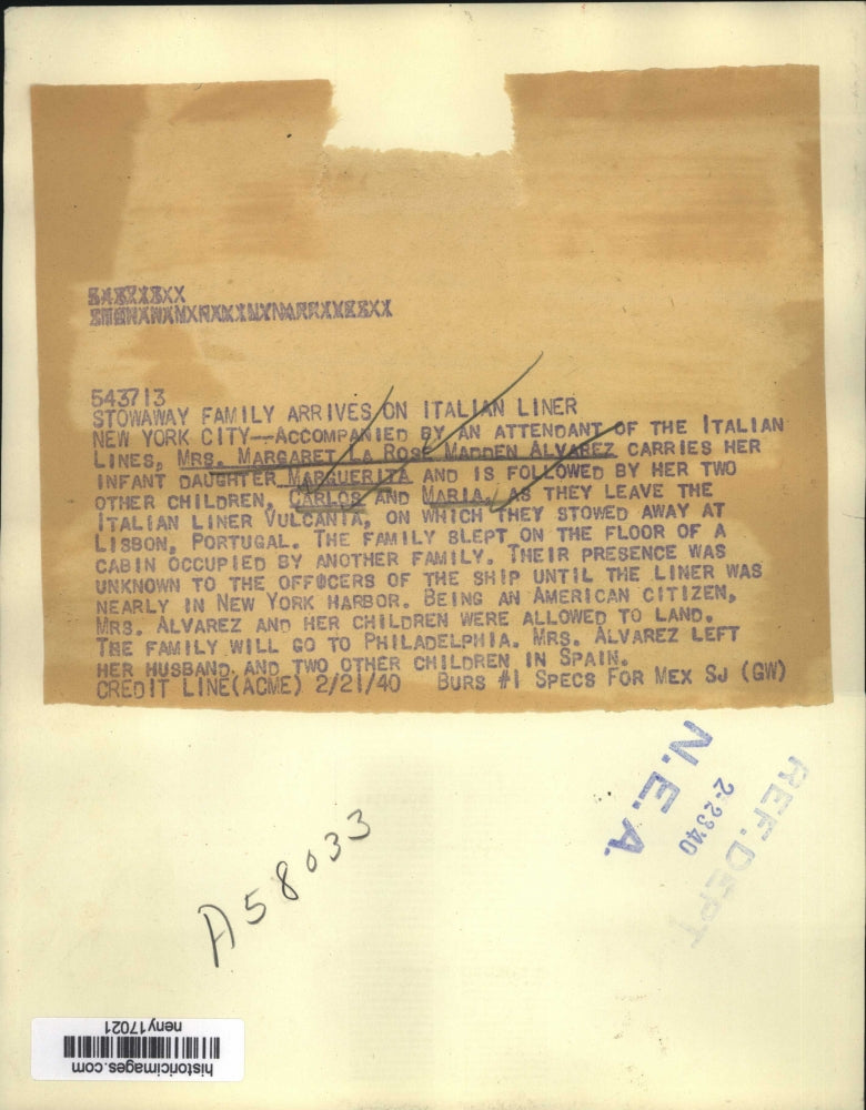 1940 Press Photo New York Stowaway Family Arrives on Italian Liner Vulcania NYC