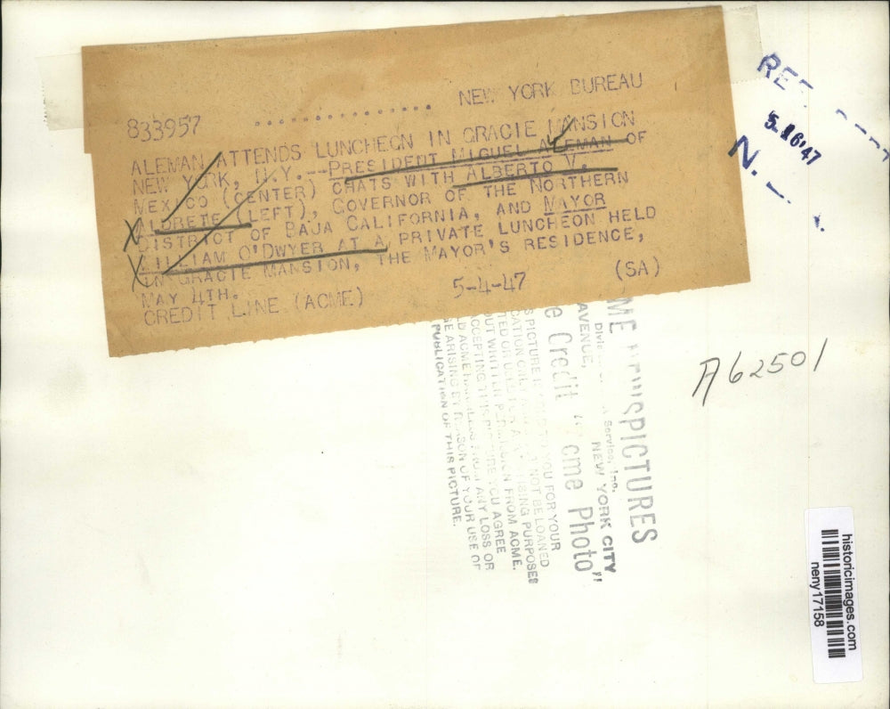 1947 Press Photo ALEMAN ATTENDS LUNCHEON IN ORACLE MANSION NYC - neny17158