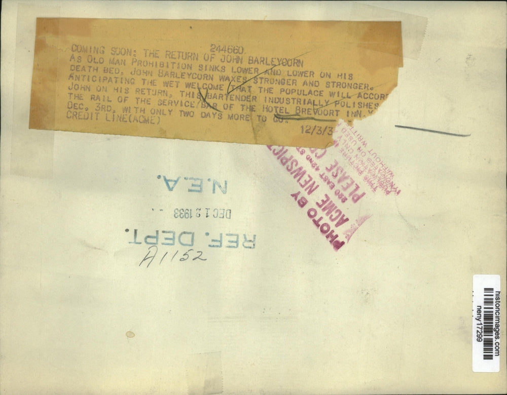 1933 Press Photo New York Bartender polish the rail of the Hotel Breoort Inn NYC