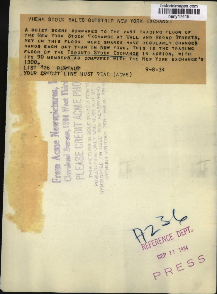 1934 Press Photo New York Toronto Stock Exchange Floor Comparison NYC