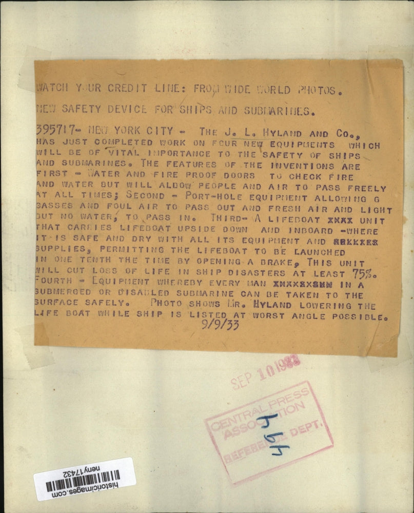 1933 Press Photo New York J.L. Hyland and Co Safety Equipment for Ships NYC