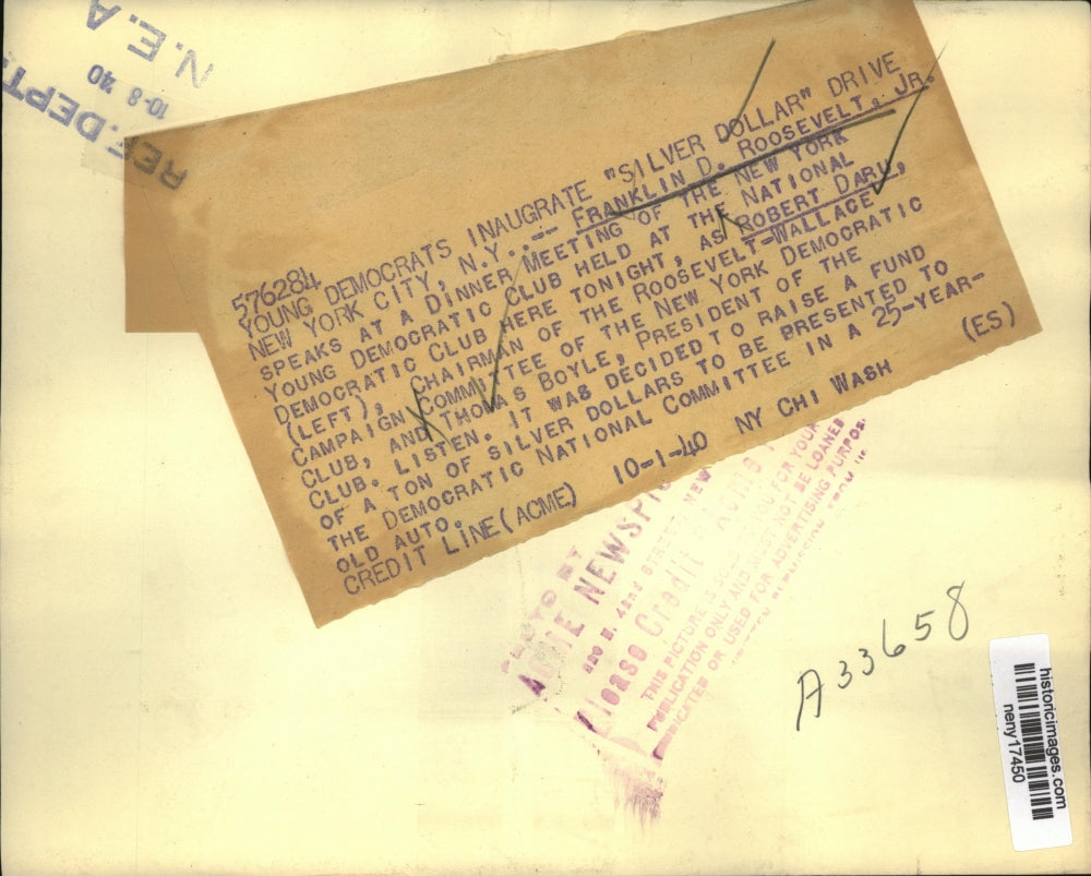 1940 Press Photo New York Young Democrats Inaugrate "Silver Dollar" Drive NYC