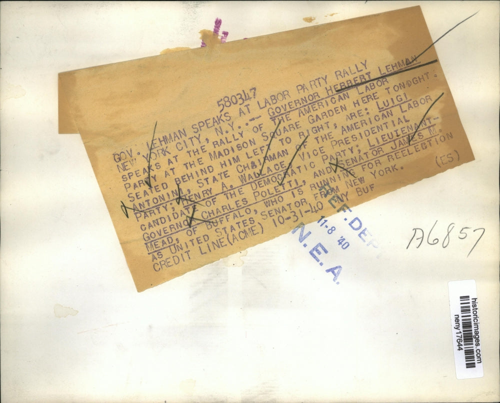 1940 Press Photo NEW YORK GOV. LEHMAN SPEAKS AT LABOR PARTY RALLY NYC