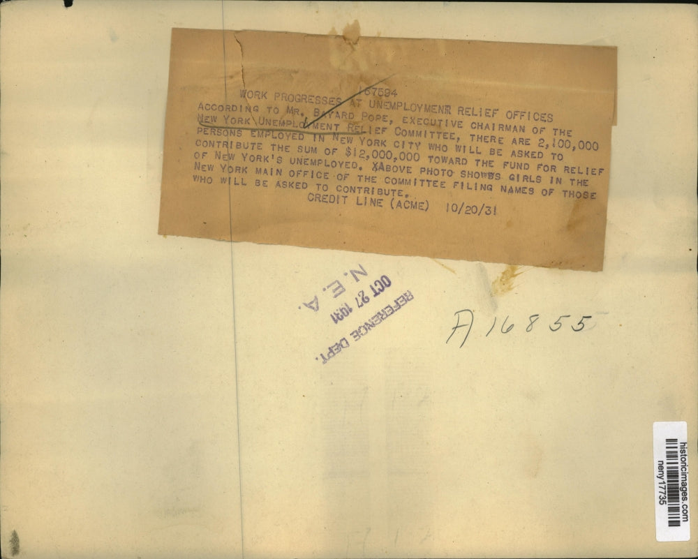 1931 Press Photo New York Unemployment Relief Committee Main Office NYC
