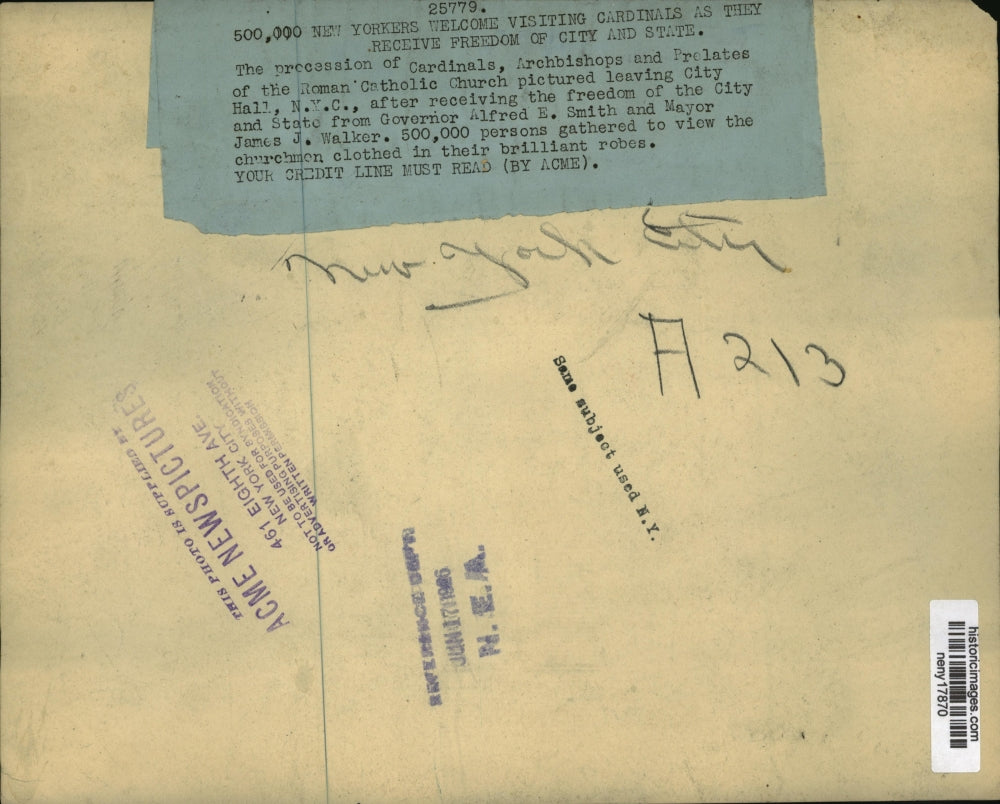 1926 Press Photo New York Cardinal Procession Leaving City Hall NYC - neny17870