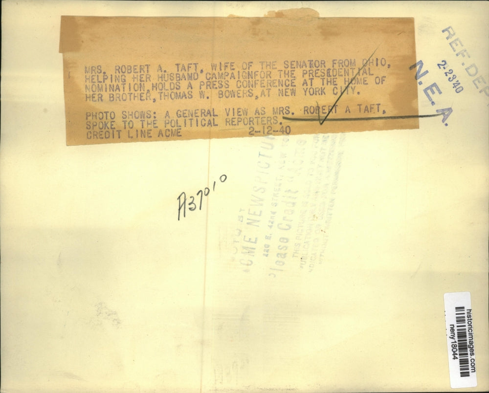 1940 Press Photo New York Mrs Robert Taft wife of MA Senator from Ohio in NYC